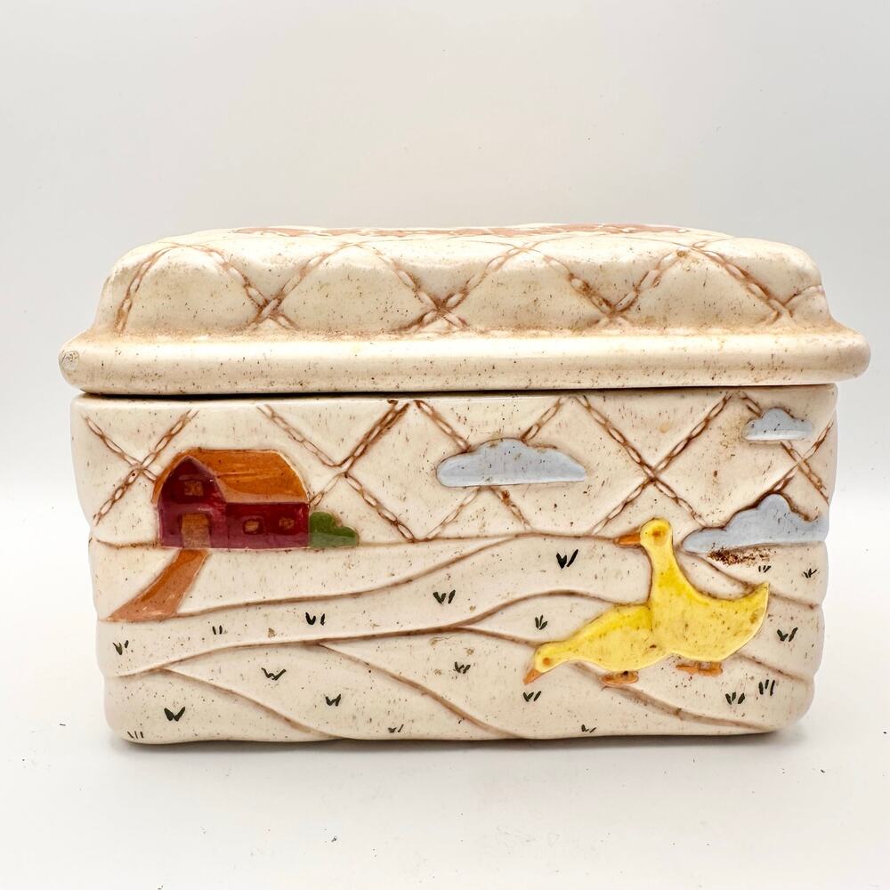Scioto Marked 1983 Quilted Country Cottage Farm Recipes Lidded Box Ducks House